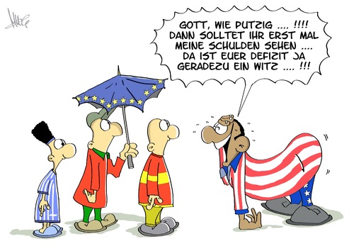 Cartoon: US Defizit (medium) by Marcus Gottfried tagged usa,amerika,vereinigten,staaten,defizit,schulden,europa,finanzkrise,bankenkrise,griechenland,portugal,spanien,rettungsschirm,haushalt,geld