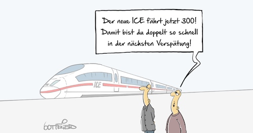 Cartoon: Verspätung (medium) by Marcus Gottfried tagged zug,bahn,eisenbahn,verspätung,ic,ice,schnell,tempo,reise,zug,bahn,eisenbahn,verspätung,ic,ice,schnell,tempo,reise