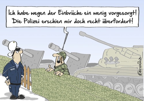 Cartoon: Vorgesorgt (medium) by Marcus Gottfried tagged vorsorge,vorgesorgt,einbruch,einbrüche,dieb,räuber,kriminalität,kriminalitätsrate,polizei,schutz,bürger,panzer,kanone,geschütz,abwehr,überforderung,osteuropa,klauen,statistik,raub,erpressung,freude,marcus,gottfried,cartoon,karikatur,vorsorge,vorgesorgt,einbruch,einbrüche,dieb,räuber,kriminalität,kriminalitätsrate,polizei,schutz,bürger,panzer,kanone,geschütz,abwehr,überforderung,osteuropa,klauen,statistik,raub,erpressung,freude,marcus,gottfried,cartoon,karikatur