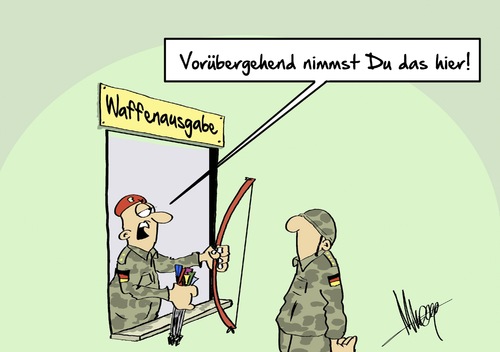 Cartoon: Waffenausgabe (medium) by Marcus Gottfried tagged bundeswehr,g36,gewehr,hitze,verteidigung,von,der,leyen,bogen,pfeil,ausgabe,waffen,ziel,zielgenauigkeit,marcus,gottfried,cartoon,karikatur,bundeswehr,g36,gewehr,hitze,verteidigung,von,der,leyen,bogen,pfeil,ausgabe,waffen,ziel,zielgenauigkeit,marcus,gottfried,cartoon,karikatur