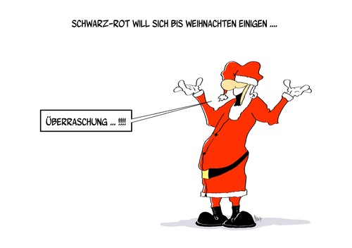 Cartoon: Weihnachtseinigung (medium) by Marcus Gottfried tagged koalition,einigung,koalitionsverhandlung,nikolaus,weihnachten,weihnachtsmann,marcus,gottfried,cartoon,karikatur,cdu,spd,zeitpunkt,verabredung,partei,regierung,bundestag,wahl,ergebnis,überraschung,inhalt,schwarz,ro