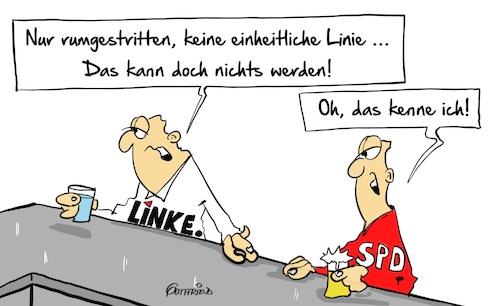 Cartoon: Wird nichts (medium) by Marcus Gottfried tagged parteitag,die,linke,spd,streit,absprache,entschluss,einheit,auseinandersetzung,parteiprogramm,programm,vertrauen,zukunft,opposition,regierungsbeteiligungen,freunde,marcus,gottfriedmcartoon,karikatur,parteitag,die,linke,spd,streit,absprache,entschluss,einheit,auseinandersetzung,parteiprogramm,programm,vertrauen,zukunft,opposition,regierungsbeteiligungen,freunde,marcus,gottfriedmcartoon,karikatur