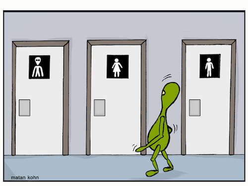 Cartoon: Aliens have needs (medium) by matan_kohn tagged alien,space,science,sciencefiction,toilets,doors,funny,caretoon,caricature,meme,illustration,drawing,painting