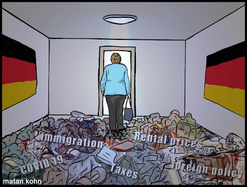 Cartoon: Angela merkel leaving (medium) by matan_kohn tagged angela,merkel,leaving,angelamerkel,funny,politics,germany,covid19,imigration,tax,sad,history