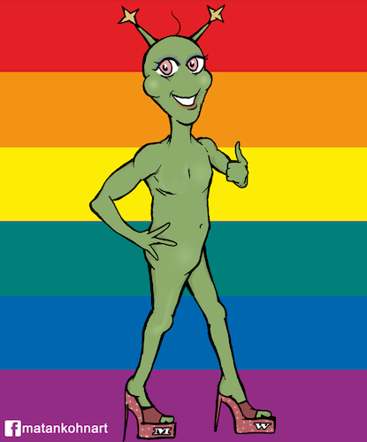 Cartoon: sexy gay alien (medium) by matan_kohn tagged gay,gayboy,gaypride,pride,homo,transgender,sexy,funny,alien,space,flag,lady,alf,cricature,rainbow,green,illustration,digitalart,artwork