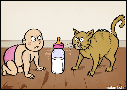 Cartoon: The Battle for Milk (medium) by matan_kohn tagged milk,milky,cow,animal,cute,pet,cat,baby,kids,kitty