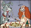 Cartoon: Give me the Pasta (small) by matan_kohn tagged ladyandthetramp,pasta,disney,waltdesney,food,dog,dogs,eating,animals,dogsfight,funny,humor,animation,illustration,drawing,digitalart,angry,movie,film,knife,scary,gohtic,tatoo,barking,meme,cooking