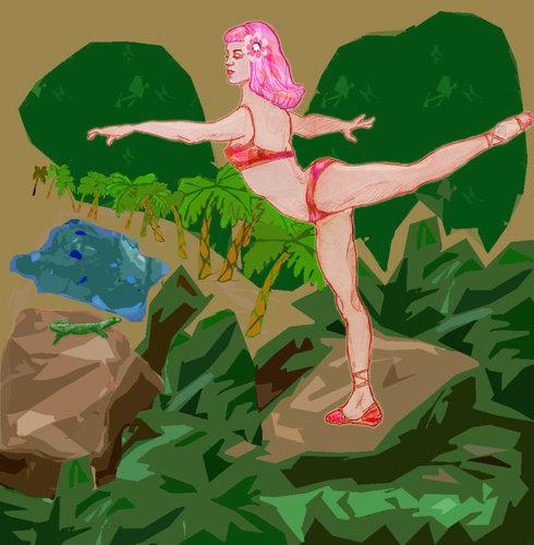 Cartoon: Pink Jungle Princess (medium) by frostyhut tagged water,gecko,woman,girl,dancer,dance,ballet,swimsuit,bikini,hair,pink