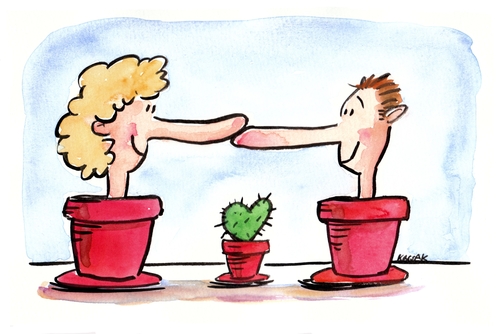 Cartoon: Beziehung - Relationship (medium) by Kossak tagged liebe,love,beziehung,relationship,herz,heart,kaktus,cactus,blumentopf,flowerpot,nase,nose,mann,frau,beziehung,liebe,partnerschaft,blumentopf,herz,kaktus,zärtlichkeit,zärtlich,verliebt,hindernisse