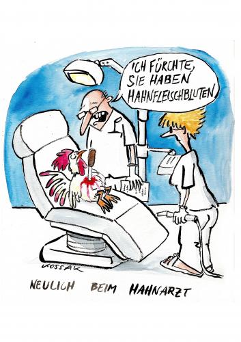 Cartoon: Neulich beim Hahnarzt (medium) by Kossak tagged hahn,zahnarzt,dentist,rooster,messer,knife,blut,blood,zahnfleisch,zahnfleischbluten,arzt,medizin,doctor,behandlung,hahn,zahnarzt,zähne,doktor,patient,praxis,huhn,tier,tiere,vogel,vögel,zahnfleisch,gesundheit,essen,nahrung,hühnchen