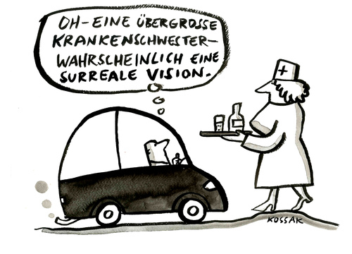 Cartoon: Surreale Vision (medium) by Kossak tagged surreal,surrealismus,krankenschwester,riesin,groß,auto,krank,vision,taum,riesig,surreal,surrealismus,krankenschwester,riesin,groß,auto,krank,vision,taum,riesig