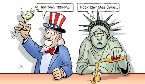 Cartoon: 100 Tage Trump (medium) by Harm Bengen tagged 100,tage,trump,usa,präsident,regierung,1361,übrig,restzeit,alkohol,uncle,sam,freiheitsstatue,harm,bengen,cartoon,karikatur,100,tage,trump,usa,präsident,regierung,1361,übrig,restzeit,alkohol,uncle,sam,freiheitsstatue,harm,bengen,cartoon,karikatur