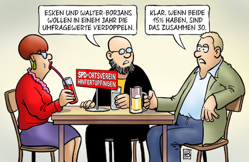 Cartoon: 30 Prozent (medium) by Harm Bengen tagged 30,prozent,esken,walter,borjans,umfragewerte,verdoppeln,spd,parteitag,doppelspitze,harm,bengen,cartoon,karikatur,30,prozent,esken,walter,borjans,umfragewerte,verdoppeln,spd,parteitag,doppelspitze,harm,bengen,cartoon,karikatur