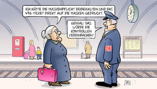 Cartoon: 49-Euro-Ticket und Masken (medium) by Harm Bengen tagged maskenpflicht,49,euro,ticket,masken,kontrollen,susemil,bahnhof,bahnsteig,schaffner,harm,bengen,cartoon,karikatur,maskenpflicht,49,euro,ticket,masken,kontrollen,susemil,bahnhof,bahnsteig,schaffner,harm,bengen,cartoon,karikatur