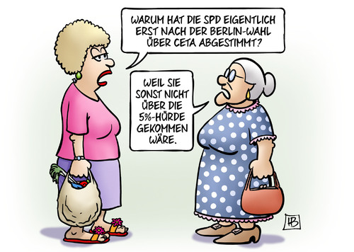 Cartoon: 5-Prozent und CETA (medium) by Harm Bengen tagged ttip,ceta,freihandelsabkommen,usa,kanada,spd,gabriel,betrug,berlin,wahl,abstimmung,prozent,hürde,susemil,harm,bengen,cartoon,karikatur,ttip,ceta,freihandelsabkommen,usa,kanada,spd,gabriel,betrug,berlin,wahl,abstimmung,prozent,hürde,susemil,harm,bengen,cartoon,karikatur