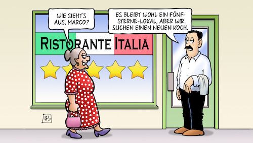 Cartoon: 5-Sterne-Lokal (medium) by Harm Bengen tagged ristorante,italia,fünf,sterne,lokal,restaurant,italien,regierungsbildung,kellner,koch,susemil,harm,bengen,cartoon,karikatur,ristorante,italia,fünf,sterne,lokal,restaurant,italien,regierungsbildung,kellner,koch,susemil,harm,bengen,cartoon,karikatur