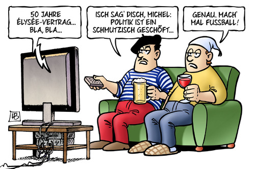 Cartoon: 50 Jahre Elysee-Vertrag (medium) by Harm Bengen tagged michel,politik,fussball,sofa,couch,tv,fernsehen,deutsch,französisch,französische,freundschaft,europa,rotwein,bier,50,jahre,elyseevertrag,elysee,vertrag,harm,bengen,cartoon,karikatur,michel,politik,fussball,sofa,couch,tv,fernsehen,deutsch,französisch,französische,freundschaft,europa,rotwein,bier,50,jahre,elyseevertrag,elysee,vertrag,harm,bengen,cartoon,karikatur