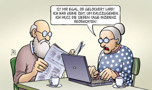 Cartoon: 7-Tage-Inzidenz beobachten (medium) by Harm Bengen tagged lockerungen,rausgehen,sieben,tage,inzidenz,beobachten,laptop,susemil,corona,harm,bengen,cartoon,karikatur,lockerungen,rausgehen,sieben,tage,inzidenz,beobachten,laptop,susemil,corona,harm,bengen,cartoon,karikatur