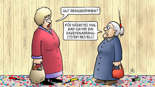 Cartoon: Abfangsystem (medium) by Harm Bengen tagged raketenabfangsystem,silvester,neujahr,feuerwerksraketen,konfetti,susemil,jutta,zaun,krieg,ukraine,russland,harm,bengen,cartoon,karikatur,raketenabfangsystem,silvester,neujahr,feuerwerksraketen,konfetti,susemil,jutta,zaun,krieg,ukraine,russland,harm,bengen,cartoon,karikatur