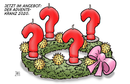 Cartoon: Adventskranz 2020 (medium) by Harm Bengen tagged adventskranz,2020,corona,kerzen,virus,schleife,fragezeichen,harm,bengen,cartoon,karikatur,adventskranz,2020,corona,kerzen,virus,schleife,fragezeichen,harm,bengen,cartoon,karikatur