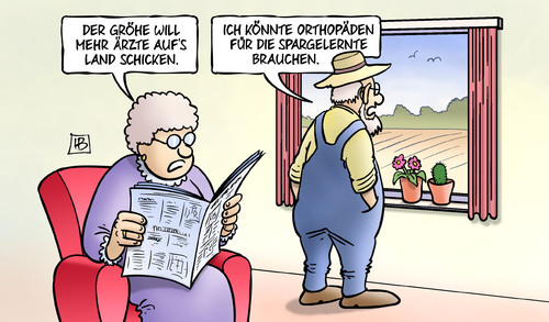 Cartoon: Ärzte aufs Land (medium) by Harm Bengen tagged gröhe,gesundheitsminister,arzt,ärzte,land,landwirtschaft,bauer,zeitung,facharzt,orthopäden,spargelernte,gesundheitsversorgung,harm,bengen,cartoon,karikatur,gröhe,gesundheitsminister,arzt,ärzte,land,landwirtschaft,bauer,zeitung,facharzt,orthopäden,spargelernte,gesundheitsversorgung,harm,bengen,cartoon,karikatur