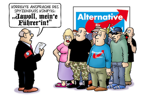 Cartoon: AfD-Spitzenduo (medium) by Harm Bengen tagged afd,spitzenduo,ansprache,führerin,nazis,rechtsextrem,weidel,chrupalla,harm,bengen,cartoon,karikatur,afd,spitzenduo,ansprache,führerin,nazis,rechtsextrem,weidel,chrupalla,harm,bengen,cartoon,karikatur