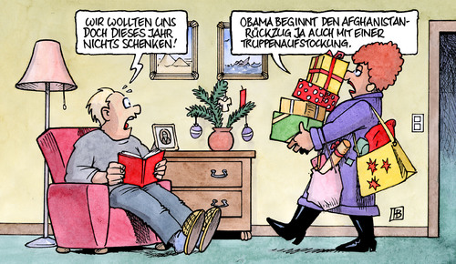 Cartoon: Afghanistan-Aufstockung (medium) by Harm Bengen tagged afghanistan,aufstockung,krieg,obama,abzug,rückzug,kampfeinsatz,bunderegierung,merkel,guttenberg,nato,soldaten,isaf,weihnachten,geschenke,afghanistan,aufstockung,krieg,barack obama,rückzug,abzug,kampfeinsatz,bunderegierung,angela merkel,guttenberg,nato,soldaten,isaf,weihnachten,geschenke,barack,obama,angela,merkel