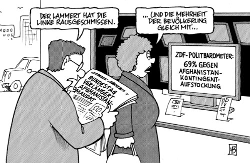 Cartoon: Afghanistan-Eklat (medium) by Harm Bengen tagged afghanistan,eklat,abstimmung,bundestag,parlament,rausschmiss,rauswurf,linke,krieg,mehrheit,kontingent,aufstockung,zeitung,tv,fernsehen,zdf,politbarometer