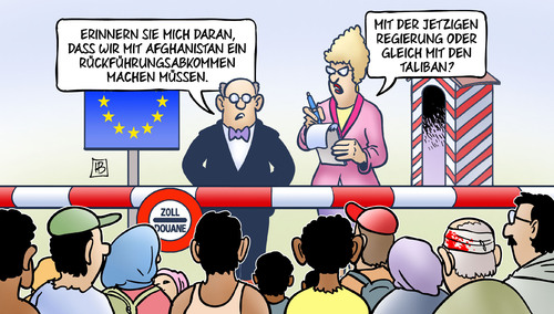 Cartoon: Afghanistan-Flüchtlinge (medium) by Harm Bengen tagged afghanistan,rückführungsabkommen,regierung,taliban,eu,europa,grenze,flüchtlinge,asyl,flucht,harm,bengen,cartoon,karikatur,afghanistan,rückführungsabkommen,regierung,taliban,eu,europa,grenze,flüchtlinge,asyl,flucht,harm,bengen,cartoon,karikatur