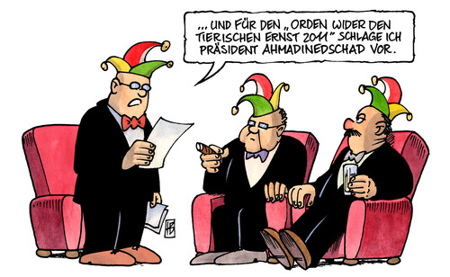 Cartoon: Ahmadinedschad (medium) by Harm Bengen tagged ahmadinedschad,uno,vollversammlung,ansprache,witz,scherz,humor,karneval,karnevalsverein,fasching,orden,ernst,iran,atom,atomprogramm,new,york,nineeleven,anschlag,verschwörungstheorie,terror,tod,tot,präsident,ahmadinedschad,uno,vollversammlung,ansprache,karneval,karnevalsverein,fasching,orden,ernst,iran,atom,atomprogramm,anschlag,präsident