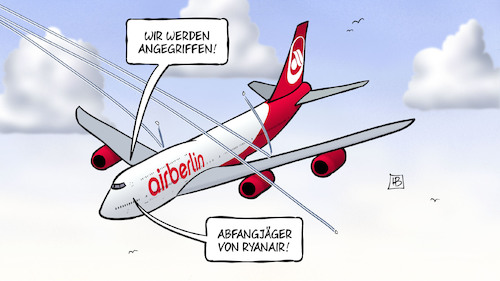 Cartoon: Air Berlin (medium) by Harm Bengen tagged air,berlin,fluggesellschaft,insolvenz,pleite,eu,kommission,kartellverfahren,abfangjäger,ryanair,flugzeug,harm,bengen,cartoon,karikatur,air,berlin,fluggesellschaft,insolvenz,pleite,eu,kommission,kartellverfahren,abfangjäger,ryanair,flugzeug,harm,bengen,cartoon,karikatur