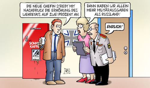 Cartoon: AKK und Rüstungspläne (medium) by Harm Bengen tagged akk,verteidigungsministerin,kramp,karrenbauer,rüstungspläne,wehretat,zwei,prozent,nato,militärausgaben,russland,bundeswehr,harm,bengen,cartoon,karikatur,akk,verteidigungsministerin,kramp,karrenbauer,rüstungspläne,wehretat,zwei,prozent,nato,militärausgaben,russland,bundeswehr,harm,bengen,cartoon,karikatur