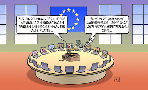 Cartoon: Alte 2015-Platte (medium) by Harm Bengen tagged flüchtlinge,einstimmung,beratungen,alte,platte,2015,wiederholen,europa,eu,aussenminister,videokonferenz,grammophon,afghanistan,deutschland,rettungsmission,usa,soldaten,abzug,taliban,harm,bengen,cartoon,karikatur,flüchtlinge,einstimmung,beratungen,alte,platte,2015,wiederholen,europa,eu,aussenminister,videokonferenz,grammophon,afghanistan,deutschland,rettungsmission,usa,soldaten,abzug,taliban,harm,bengen,cartoon,karikatur