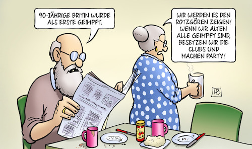 Cartoon: Alten-Impfung (medium) by Harm Bengen tagged 90,britin,erste,impfung,gb,uk,junge,alte,clubs,party,corona,susemil,harm,bengen,cartoon,karikatur,90,britin,erste,impfung,gb,uk,junge,alte,clubs,party,corona,susemil,harm,bengen,cartoon,karikatur