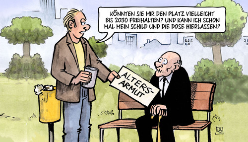 Cartoon: Altersarmut ab 2030 (medium) by Harm Bengen tagged altersarmut,platz,bank,2030,schild,dose,harm,bengen,cartoon,karikatur,altersarmut,platz,bank,2030,schild,dose,harm,bengen,cartoon,karikatur