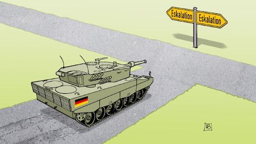 Cartoon: Am Scheideweg (medium) by Harm Bengen tagged eskalation,scheideweg,strasse,kreuzung,wegweiser,leopard,panzer,krieg,ukraine,russland,harm,bengen,cartoon,karikatur,eskalation,scheideweg,strasse,kreuzung,wegweiser,leopard,panzer,krieg,ukraine,russland,harm,bengen,cartoon,karikatur