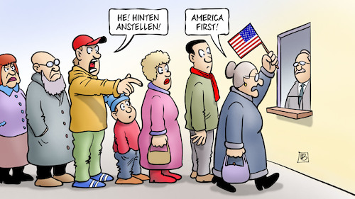 Cartoon: America first (medium) by Harm Bengen tagged amerika,usa,trump,nationalismus,fahne,america,first,hinten,anstellen,susemil,schlange,schalter,harm,bengen,cartoon,karikatur,amerika,usa,trump,nationalismus,fahne,america,first,hinten,anstellen,susemil,schlange,schalter,harm,bengen,cartoon,karikatur
