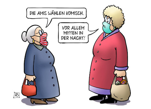 Cartoon: Amis wählen nachts (medium) by Harm Bengen tagged amis,wählen,komisch,nacht,jutta,susemil,masken,usa,wahl,trump,biden,harm,bengen,cartoon,karikatur,amis,wählen,komisch,nacht,jutta,susemil,masken,usa,wahl,trump,biden,harm,bengen,cartoon,karikatur