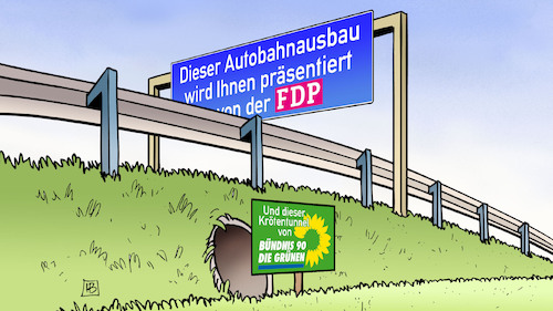 Cartoon: Ampel-Beschlüsse (medium) by Harm Bengen tagged autobahnausbau,krötentunnel,bundesregierung,koalition,fdp,grüne,koalitionsausschuss,harm,bengen,cartoon,karikatur,autobahnausbau,krötentunnel,bundesregierung,koalition,fdp,grüne,koalitionsausschuss,harm,bengen,cartoon,karikatur