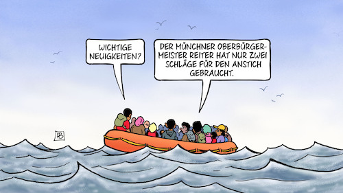 Cartoon: Anstich (medium) by Harm Bengen tagged flüchtlinge,flucht,mittelmeer,boote,wichtige,neuigkeiten,münchner,oberbürgermeister,reiter,oktoberfest,anstich,harm,bengen,cartoon,karikatur,flüchtlinge,flucht,mittelmeer,boote,wichtige,neuigkeiten,münchner,oberbürgermeister,reiter,oktoberfest,anstich,harm,bengen,cartoon,karikatur