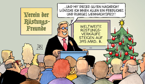 Cartoon: Anstieg Rüstungsgeschäft (medium) by Harm Bengen tagged anstieg,rüstungsgeschäft,rüstungsindustrie,waffenverkauf,gute,nachricht,frieden,krieg,profit,weihnachtsfest,harm,bengen,cartoon,karikatur,anstieg,rüstungsgeschäft,rüstungsindustrie,waffenverkauf,gute,nachricht,frieden,krieg,profit,weihnachtsfest,harm,bengen,cartoon,karikatur