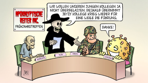 Cartoon: Apokalyptische Reiter wechseln (medium) by Harm Bengen tagged kollegen,überlastung,krieg,tod,hunger,corona,führung,frühjahrstreffen,apokalyptische,reiter,ukraine,nato,russland,harm,bengen,cartoon,karikatur,kollegen,überlastung,krieg,tod,hunger,corona,führung,frühjahrstreffen,apokalyptische,reiter,ukraine,nato,russland,harm,bengen,cartoon,karikatur