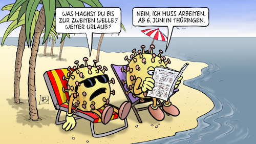 Cartoon: Arbeit in Thüringen (medium) by Harm Bengen tagged zweite,welle,urlaub,strand,liegestuhl,arbeiten,thüringen,infektion,risiko,corona,coronavirus,ansteckung,pandemie,epidemie,krankheit,schaden,harm,bengen,cartoon,karikatur,zweite,welle,urlaub,strand,liegestuhl,arbeiten,thüringen,infektion,risiko,corona,coronavirus,ansteckung,pandemie,epidemie,krankheit,schaden,harm,bengen,cartoon,karikatur