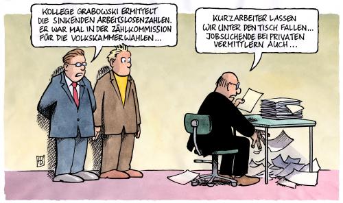 Cartoon: Arbeitsmarkt (medium) by Harm Bengen tagged arbeitsmarkt,arbeitslosigkeit,arbeitslosenzahlen,bundesagentur,für,arbeit,arbeitsamt,krise,wirtschaft,kurzarbeit,weise,volkskammer,schummeln,betrug,cartoon,cartoons,arbeitsmarkt,arbeitslosenzahlen,arbeitsamt,krise,wirtschaft,kurzarbeit,weise,volkskammer,schummeln,betrug,arbeit,job,existenz,wirtschafstkrise