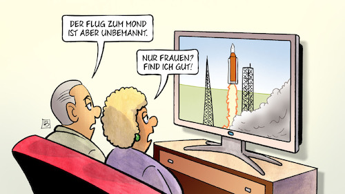 Cartoon: Artemis-Start (medium) by Harm Bengen tagged flug,mond,unbemannt,artemis,mission,start,frauen,weltraumfahrt,nasa,tv,harm,bengen,cartoon,karikatur,flug,mond,unbemannt,artemis,mission,start,frauen,weltraumfahrt,nasa,tv,harm,bengen,cartoon,karikatur