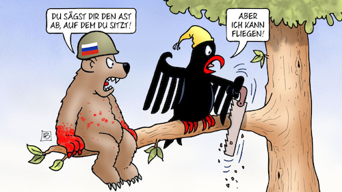 Cartoon: Ast ab (medium) by Harm Bengen tagged sägen,säge,ast,fliegen,bär,adler,sanktionen,blut,stahlhelm,baum,russland,ukraine,krieg,harm,bengen,cartoon,karikatur,sägen,säge,ast,fliegen,bär,adler,sanktionen,blut,stahlhelm,baum,russland,ukraine,krieg,harm,bengen,cartoon,karikatur