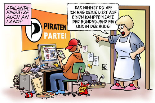 Cartoon: Atalanta-Einsatz an Land (medium) by Harm Bengen tagged atalanta,einsatz,land,strand,bundeswehr,auslandseinsatz,somalia,piraten,partei,marine,kampfeinsatz,krieg,mutter,sohn,nerd,computer,iphone,it,fahne,atalanta,einsatz,strand,bundeswehr,auslandseinsatz,somalia,piraten,partei