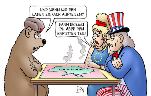 Cartoon: Aufteilung der Ukraine (medium) by Harm Bengen tagged aufteilen,kaputt,uncle,sam,usa,europa,bär,landkarte,vorschlag,russland,ukraine,krieg,harm,bengen,cartoon,karikatur,aufteilen,kaputt,uncle,sam,usa,europa,bär,landkarte,vorschlag,russland,ukraine,krieg,harm,bengen,cartoon,karikatur