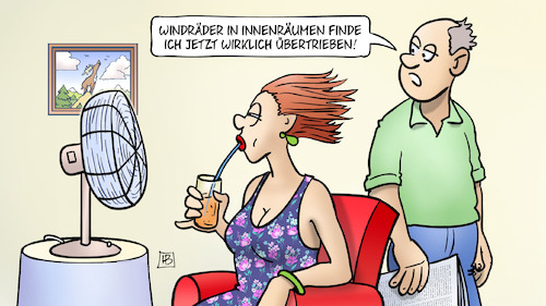 Cartoon: Ausbau Erneuerbare (medium) by Harm Bengen tagged ausbau,erneuerbare,energien,windräder,windrad,ventilator,sommer,klimawandel,hitze,innenräume,harm,bengen,cartoon,karikatur,ausbau,erneuerbare,energien,windräder,windrad,ventilator,sommer,klimawandel,hitze,innenräume,harm,bengen,cartoon,karikatur