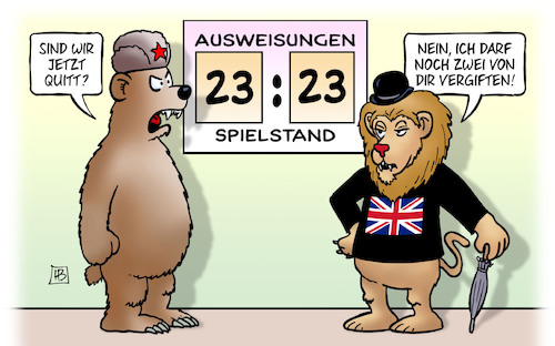 Cartoon: Ausweisungs-Spielstand (medium) by Harm Bengen tagged ausweisungen,diplomaten,spielstand,russland,england,gb,uk,spionage,vergiftung,giftanschlag,baer,loewe,harm,bengen,cartoon,karikatur,ausweisungen,diplomaten,spielstand,russland,england,gb,uk,spionage,vergiftung,giftanschlag,baer,loewe,harm,bengen,cartoon,karikatur